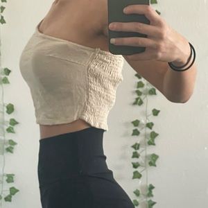 one sleeve, beige crop top